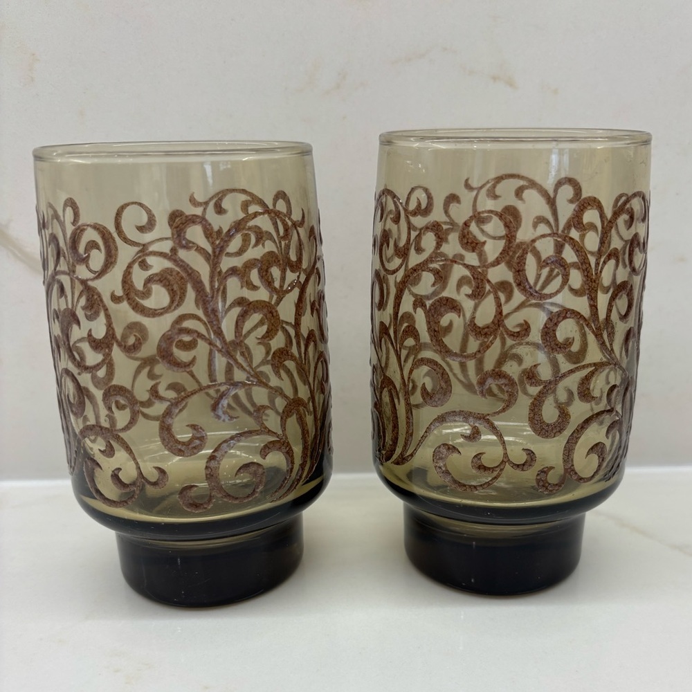 2 Vintage Libbey Prado Embossed Scroll Swirls Drinking Glasses Tawny Brown 1970